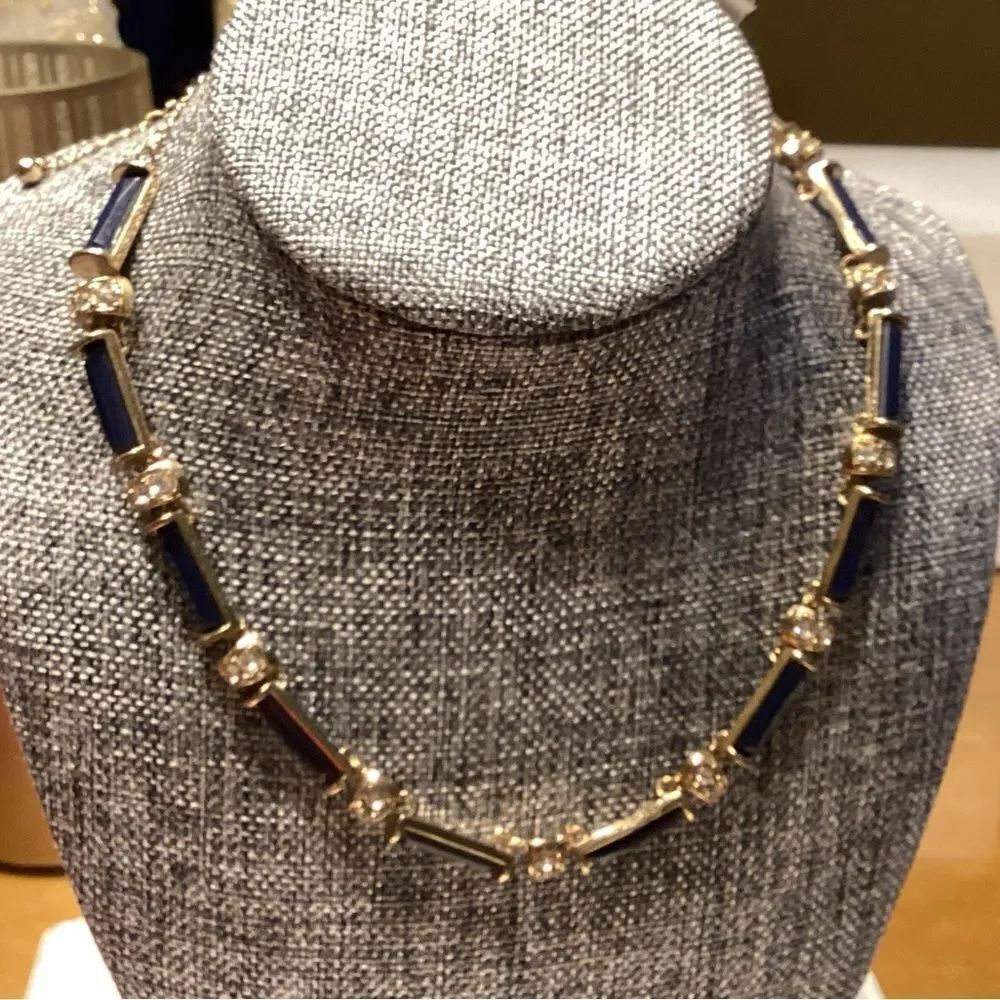 Elegant Goldtone Chain Necklace with Navy Inlay and Clear Crystals